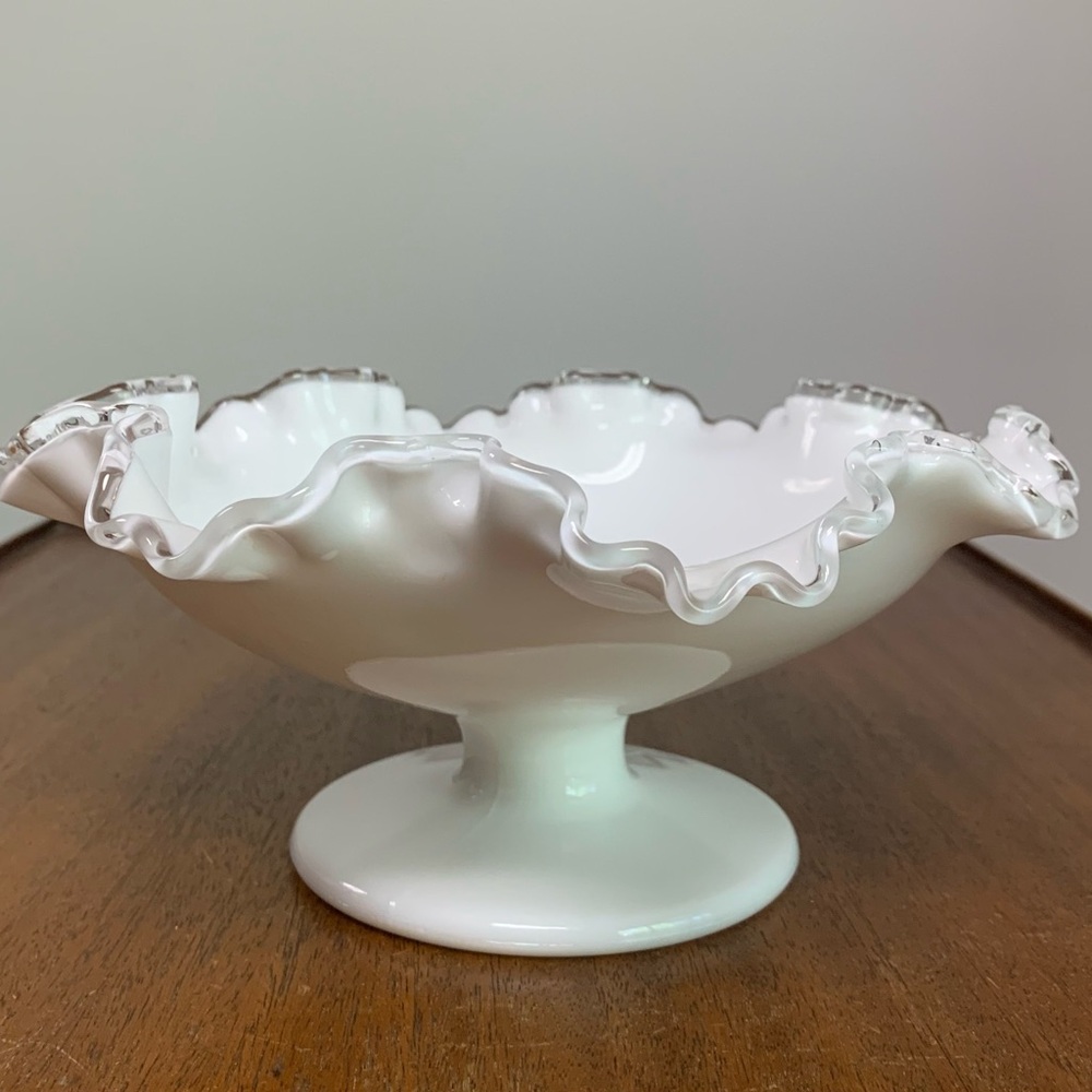 Vintage Fenton Milk Glass Compote Pedestal Bowl Ruffled Edge White Glass